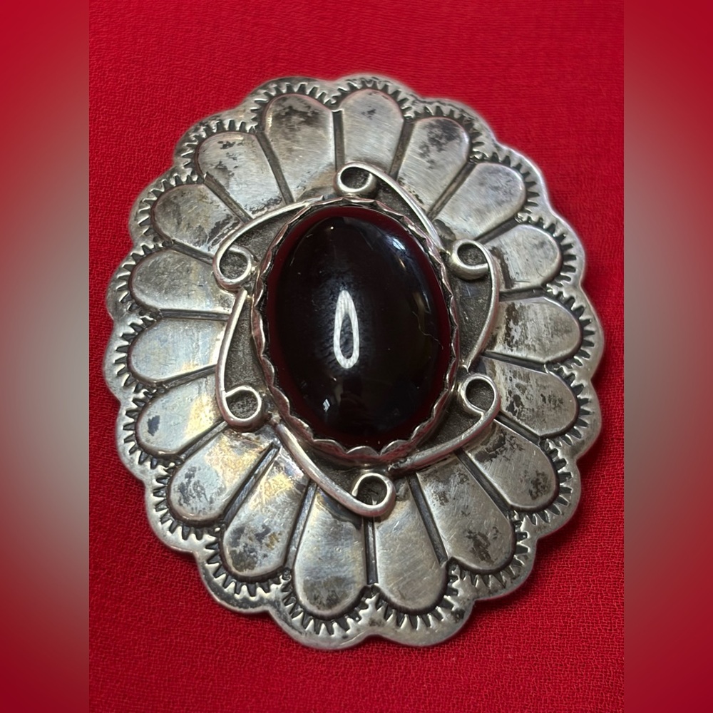 Vintage SIGNED Navajo Sterling Silver Onyx Bolo Tie Slide Native American